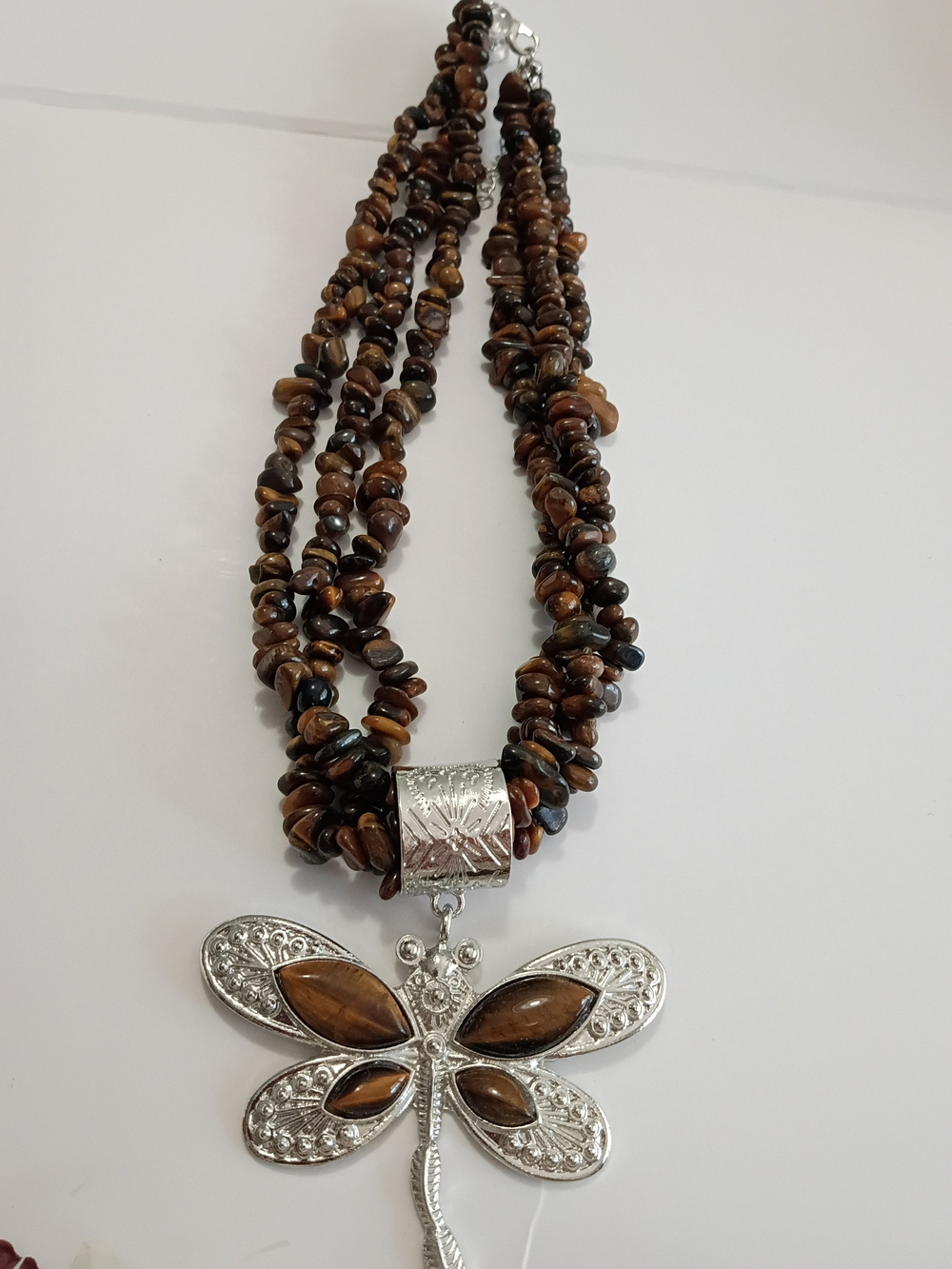 JTV Brown Tiger Eye Multi-Strand Necklace with Silver Dragonfly Pendant